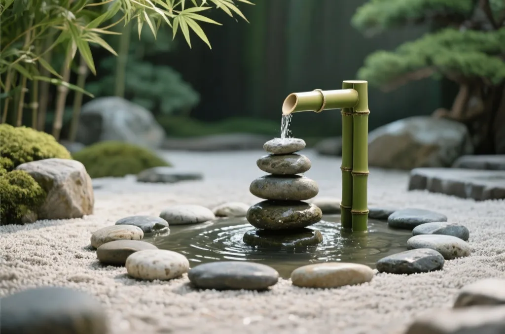 宁静的枯山水庭院，堆叠的圆润石头和竹制流水装置，象征平衡与内心的平静